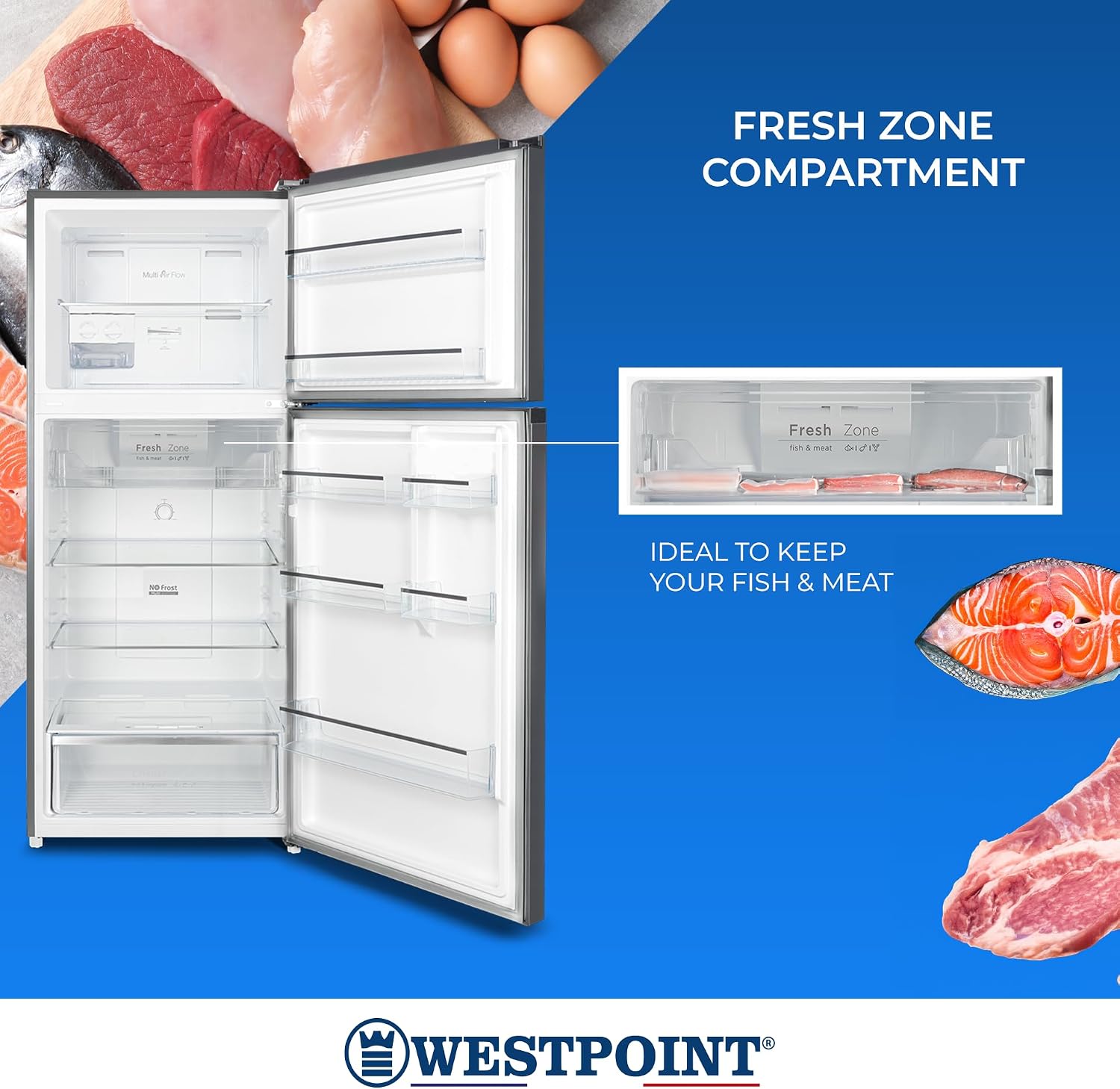 Westpoint 500 Liters Double Door Refrigerator,No-Frost, INVERTER COMPRESSOR, Vegetable Drawers, Fresh Zone Compartment, Twister for Ice Cubes, LOCK & KEY Silver WNN-5019EIV