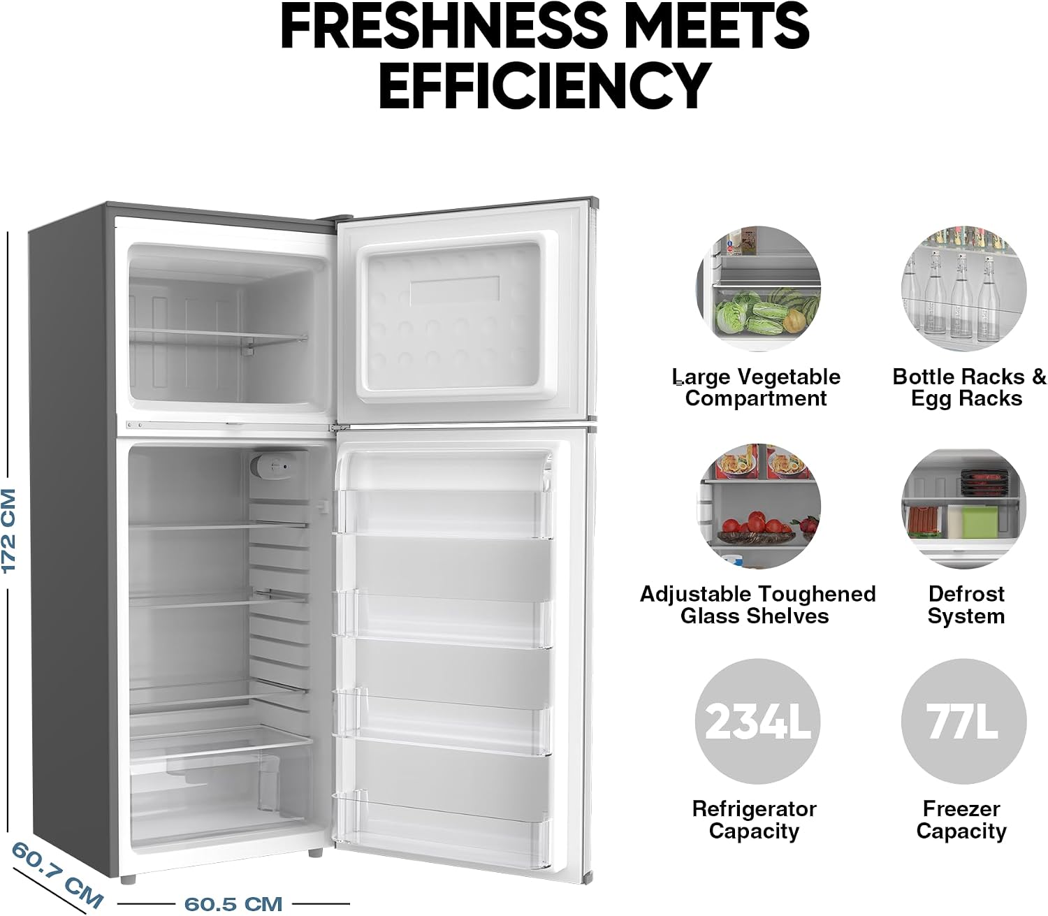 Nikai 450L Gross/311 Net, Double Door Refrigerator, with Vegetable Crisper & Adjustable Glass Shelves, Convenient Defrosting and Temperature Control, For Kitchen, Bedroom, Office & Hotels - NRF450DN5S