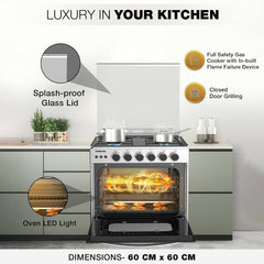 Nikai 60X60cm 4 Burner Full Safety Freestanding Gas Cooker, Auto Ignition, Double Glass Oven Door for Close Door Grilling with Turnspit, Glass Lid & Oven Lamp, St. Steel Finish - U6068FSE1 (Silver)