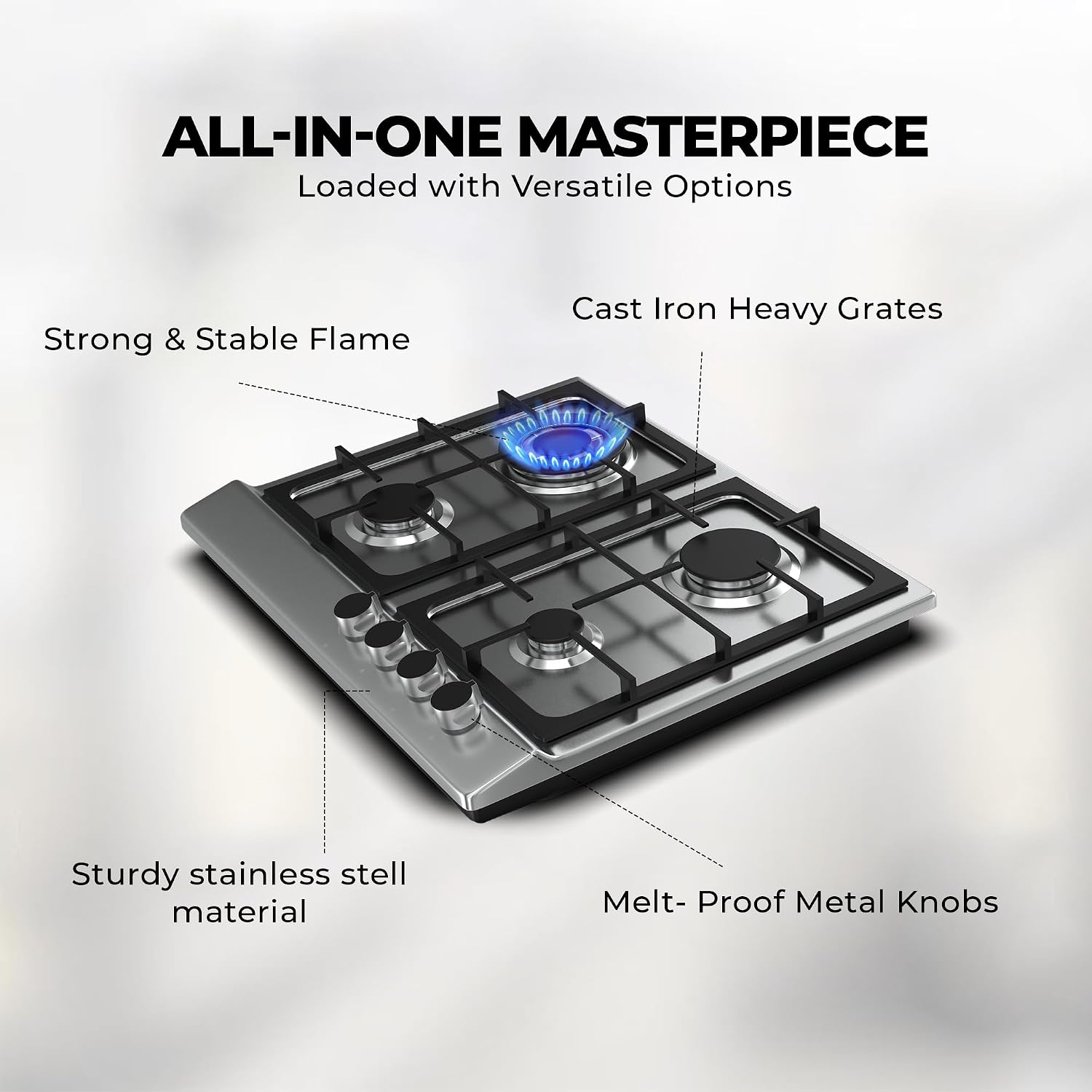 Nikai 4 Burner Gas Hob with Auto Ignition, Cast Iron Support, Full Safety Features, Straight Flame, Stainless Steel Body, Rapid Burner, Semi-Rapid Burner, Auxiliary Burner - NGH3005N