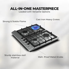 Nikai 4 Burner Gas Hob with Auto Ignition, Cast Iron Support, Full Safety Features, Straight Flame, Stainless Steel Body, Rapid Burner, Semi-Rapid Burner, Auxiliary Burner - NGH3005N