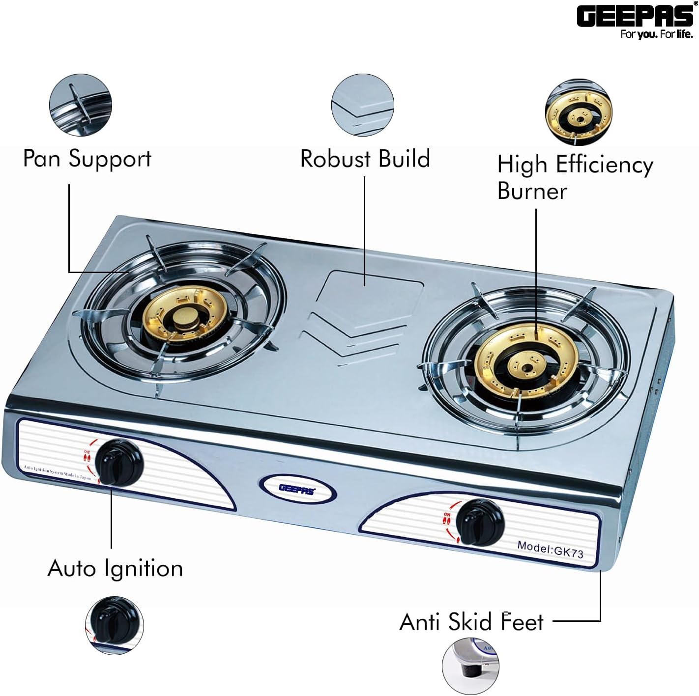 Geepas GK73 Stainless Steel Gas Stove Burner - 2 Burner Hob, Auto Ignition, Robust Build, High fuel-efficiency, Anti-Skid Feet, Easy to Clean