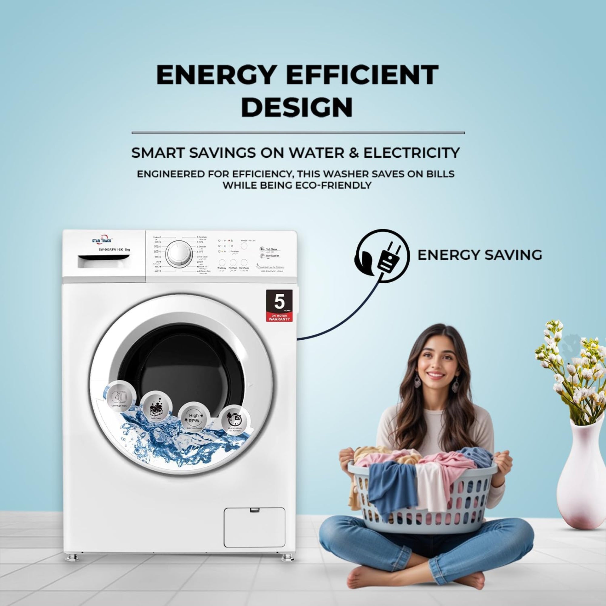 Star Track 6KG Front Load Washing Machine with BLDC Inverter Motor Steam Wash & 1200 RPM – SW-600ATT2-AZ (BLACK)