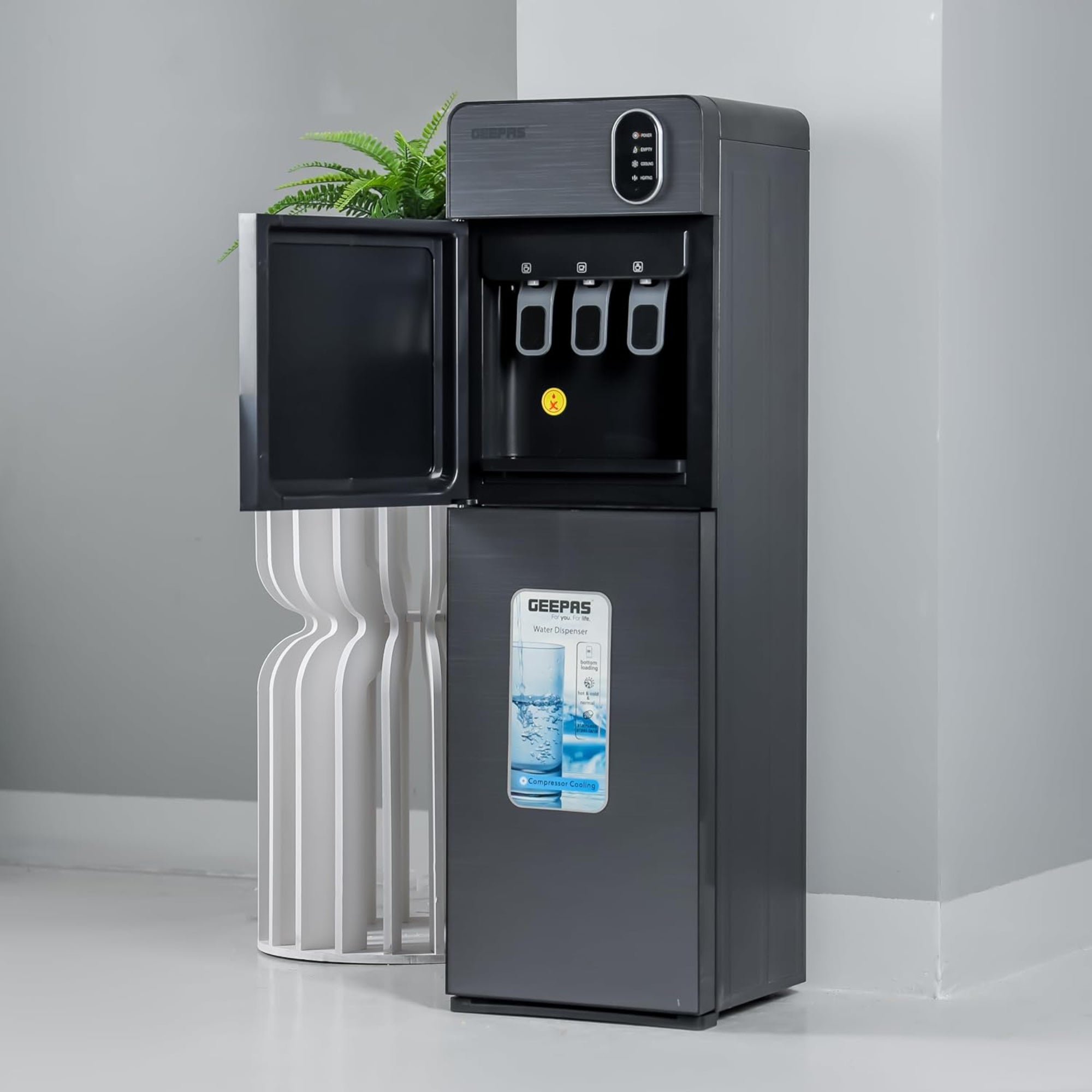 Geepas Water Dispenser – Hot Cold & Normal 3 Taps Fast Cooling Child Lock GWD17037 (Grey)