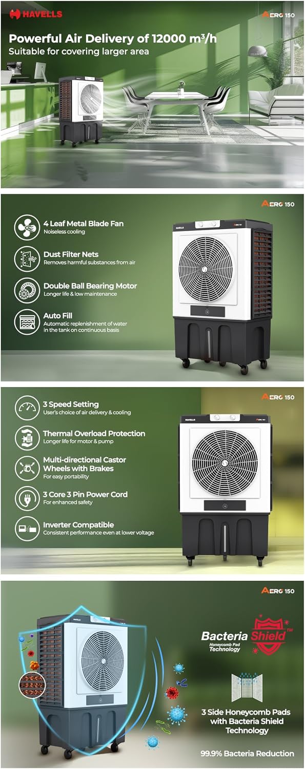 Havells Aero 150 Commercial Air Cooler – 12000m³/h Air Delivery, 4 Leaf Metal Blade Fan, Inverter Compatible, Bacteria Shield Honeycomb Pads, Auto-Fill Technology