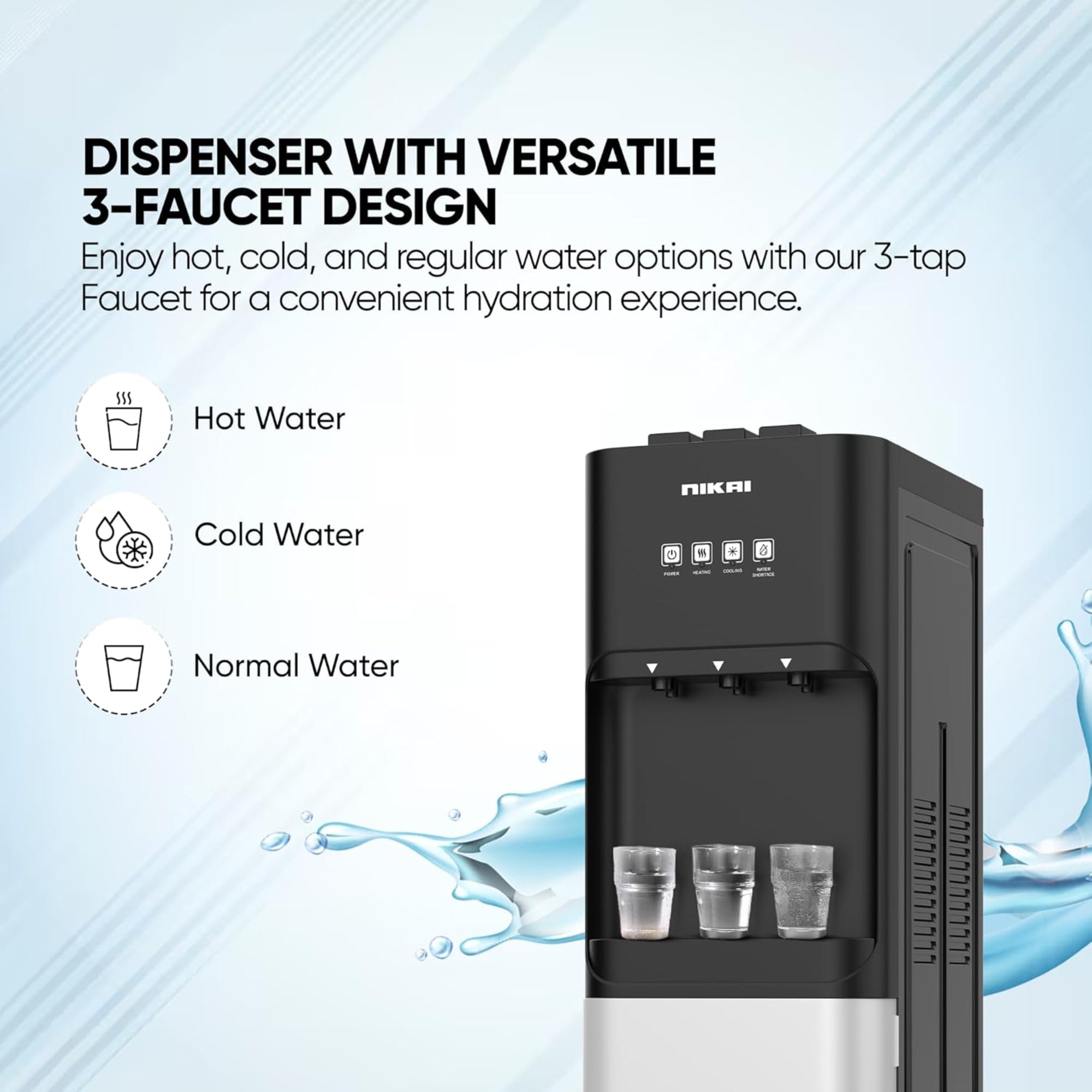Nikai 3-Tap/Faucet Bottom Loading Water Dispenser – Instant Hot/Cold/Room Temperature, Child Safety Lock, Stainless Steel Reservoir, Suitable for Home and Office, Silver/Black – NWD4000BS