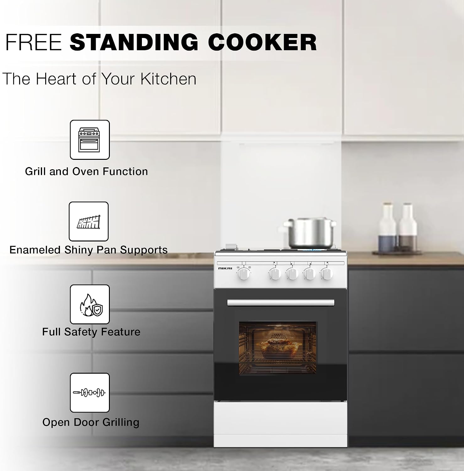 Nikai 50x50cm 4 Burner Freestanding Gas Cooker, Grill Function with Tray & Grid, Glass Lid, Enamel Pan Support Convenient for Cleaning Made in Turkey - U2110N5FS (White)