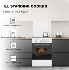 Nikai 50x50cm 4 Burner Freestanding Gas Cooker, Grill Function with Tray & Grid, Glass Lid, Enamel Pan Support Convenient for Cleaning Made in Turkey - U2110N5FS (White)