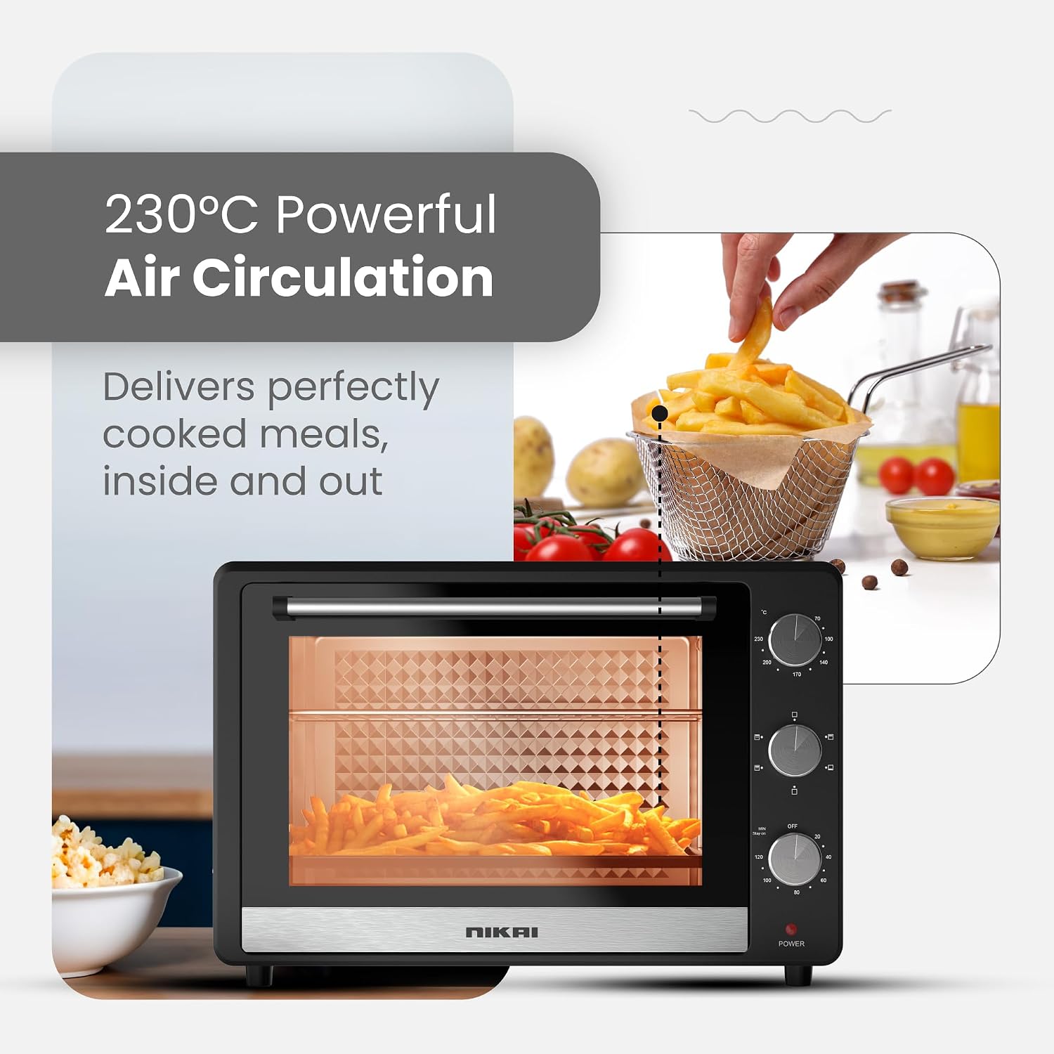Nikai 46L Electric Oven, 1800W Power, Adjustable Temperature, 7 Heating Stages, 60-Min Timer with Bell Ring, Indicator Light, Keep Warm Function, High-Efficiency Heating, Accessories Included -NT655N2