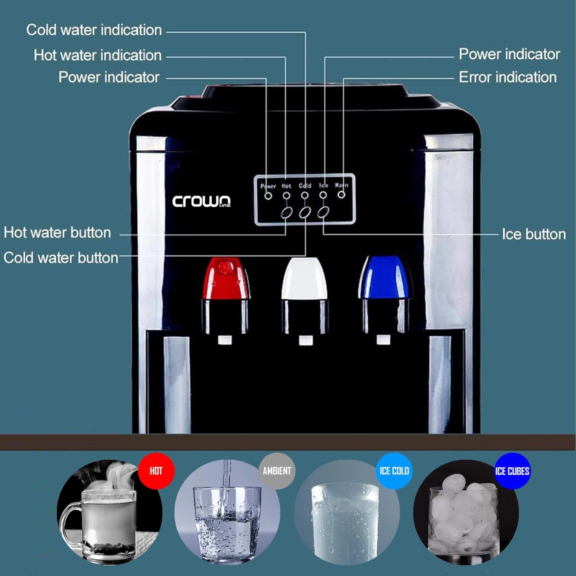 Crownline Top Load Water Dispenser – Ice Maker Hot & Cold 12kg/24h Ice Capacity WD-232 (Black)