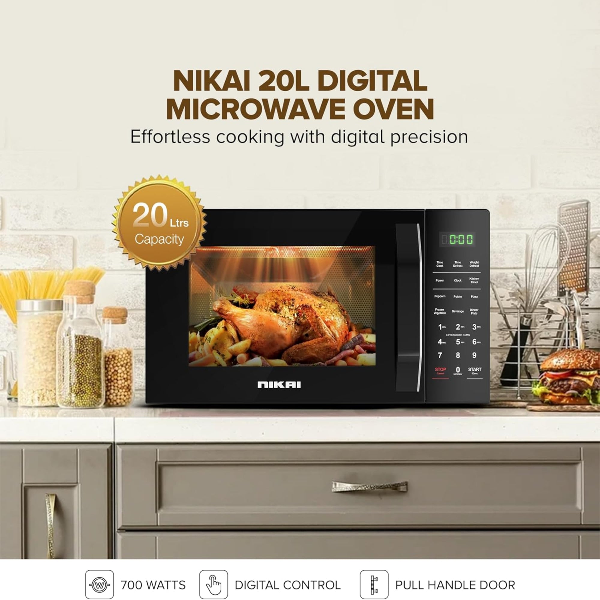 Nikai 20 Liter Microwave Oven – 700W Digital Touch Control 11 Power Levels Auto Menu NMO2110DB