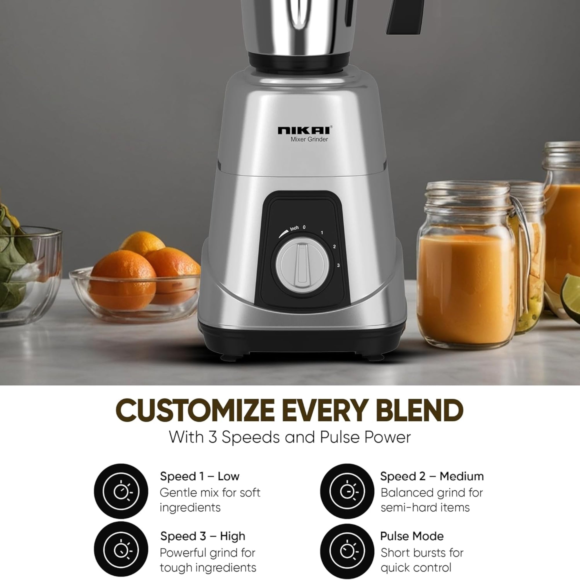 Nikai 3-in-1 Blender 900W 1.5L Stainless Steel Jars 3 Speeds Pulse Function NB984A