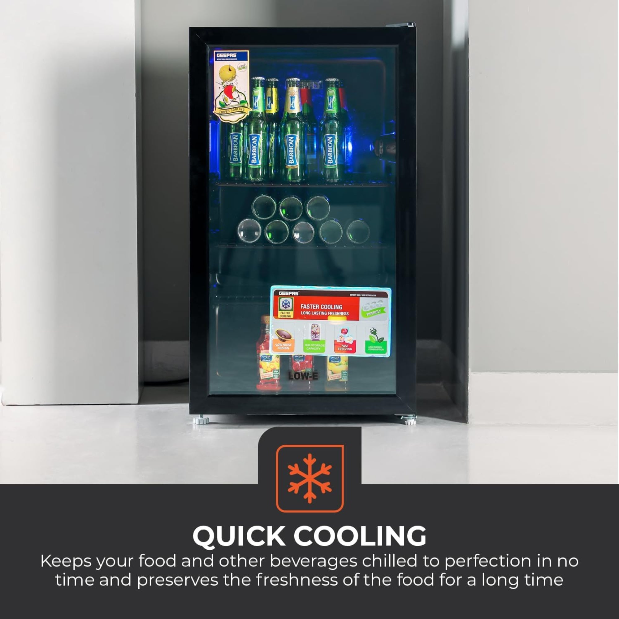 Geepas Showcase Chiller 120L – Quick Cooling Low-E Glass Door & Low Noise GSC1223B