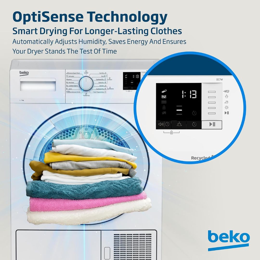 Beko 7kg Condenser Tumble Dryer with 15 Programs, AquaWave Technology & Sensor Drying – DC7W White