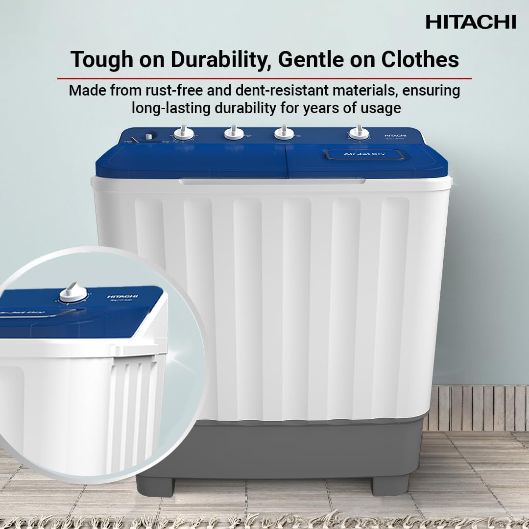 Hitachi 10kg Twin Tub Washing Machine with 8kg Spin Capacity, 1350 RPM, Air Jet Dry & Zen Wave Impeller – LTT H0JWT PFB, Pacific Blue