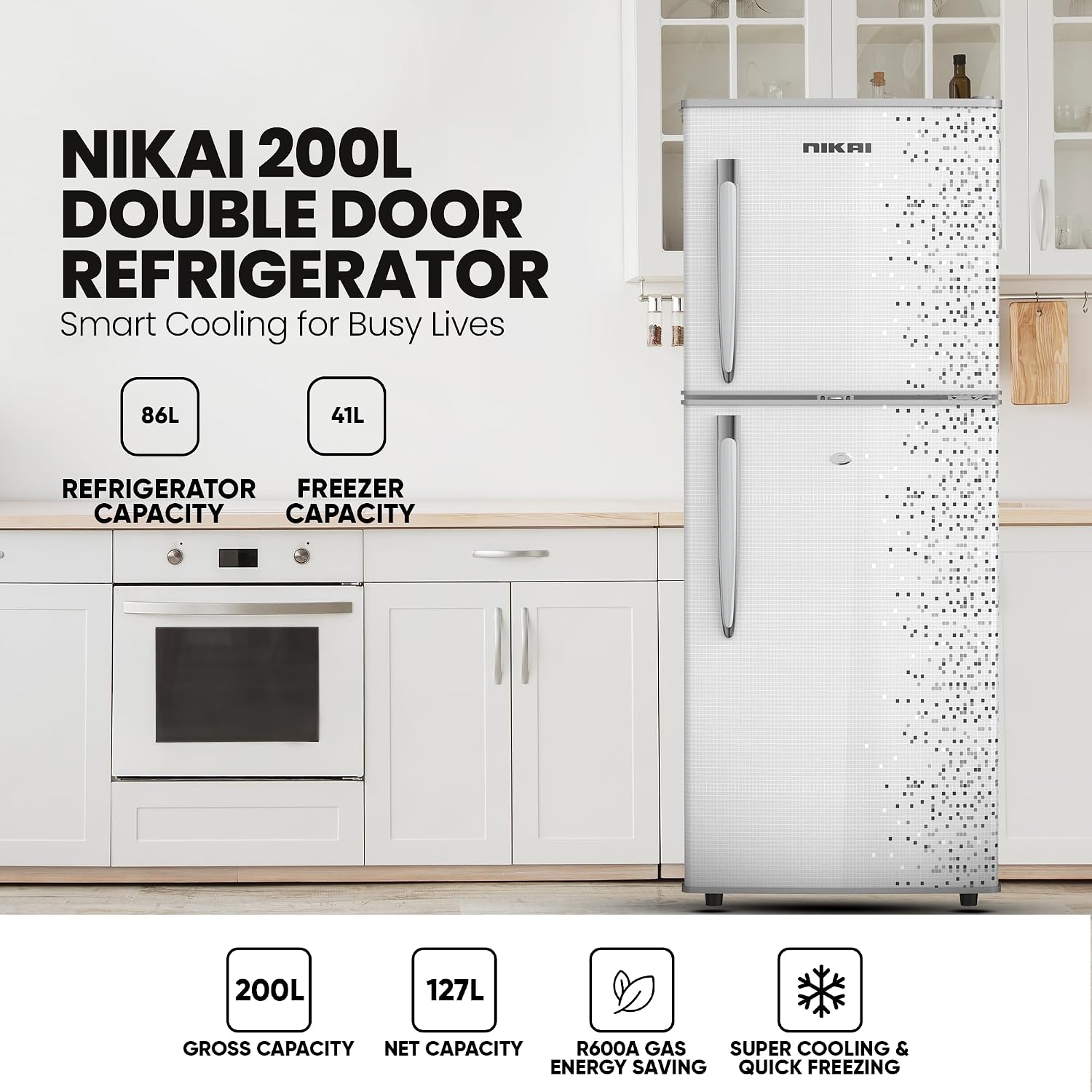 Nikai 200L Gross/127L Net, Double Door Refrigerator, Adjustable Glass Shelves, Defrosting, Temperature Control, Energy Saving R600A Gas, Silent Operation, For Home, Office & Hotels NRF200DN3M Silver