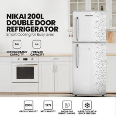 Nikai 200L Gross/127L Net, Double Door Refrigerator, Adjustable Glass Shelves, Defrosting, Temperature Control, Energy Saving R600A Gas, Silent Operation, For Home, Office & Hotels NRF200DN3M Silver