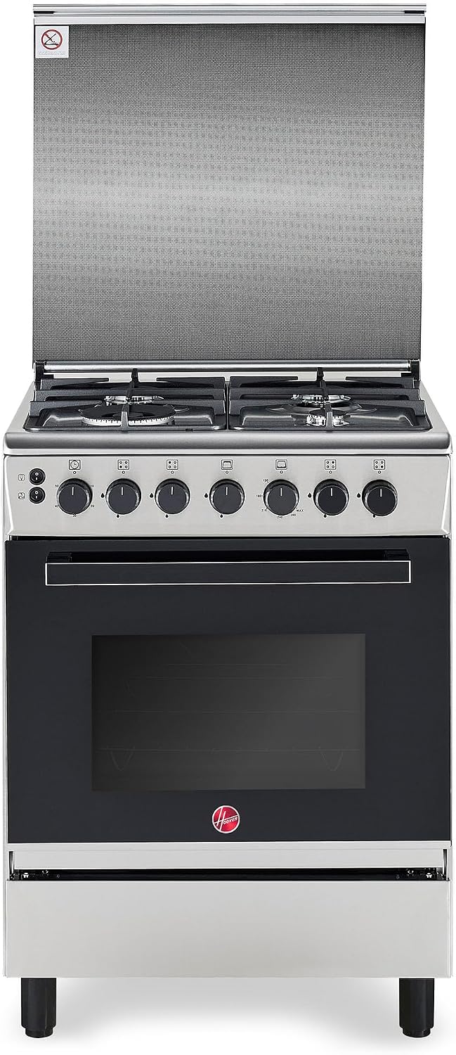 Hoover 60x60 Full Gas Cooker with 4 Gas Burners(1 Wok), Full Safety,Gas Oven & Grill, Auto Ignition, Cast Iron Support, Convection Fan, Oven Lamp, Double Glazed Door - SS HGC-G604G-RS