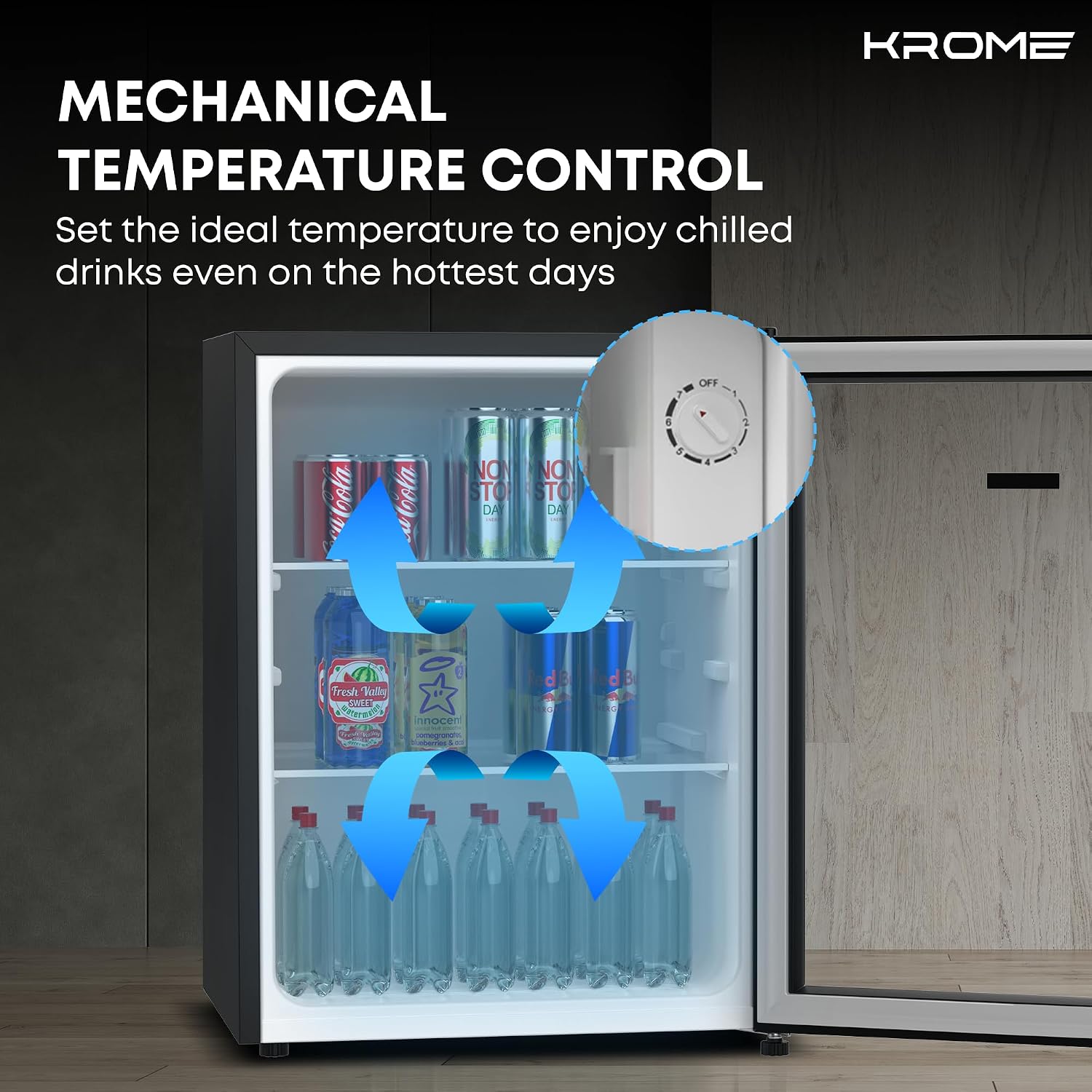 Krome Beverage Cooler, 90 L, Compact Design, Free Standing, Single Door, 2 Glass Shelves, Adjustable Feet, Mechanical Temperature Control, Environment-Friendly R600a, Black