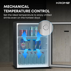 Krome Beverage Cooler, 90 L, Compact Design, Free Standing, Single Door, 2 Glass Shelves, Adjustable Feet, Mechanical Temperature Control, Environment-Friendly R600a, Black