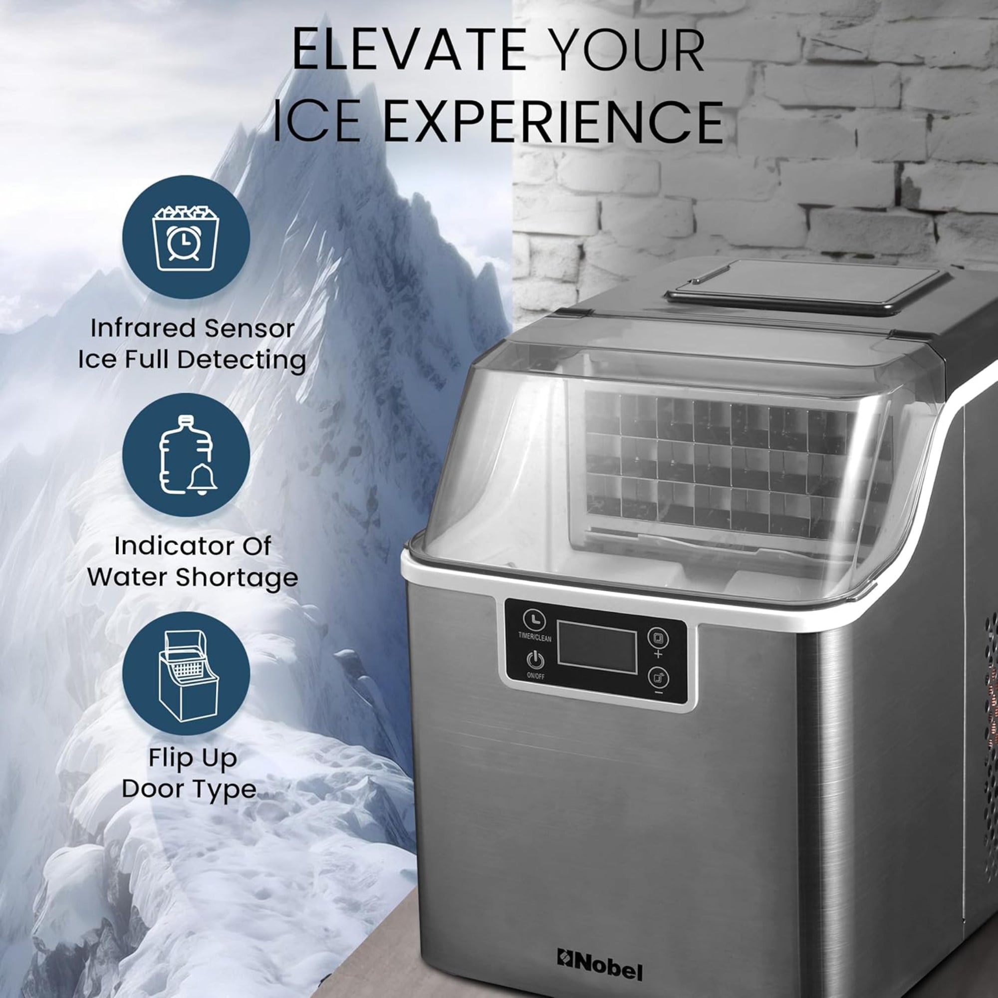Nobel Ice Maker – 20/25kg Daily Capacity 3.2L Tank LED Display Infrared Sensor R290 Refrigerant NIM27