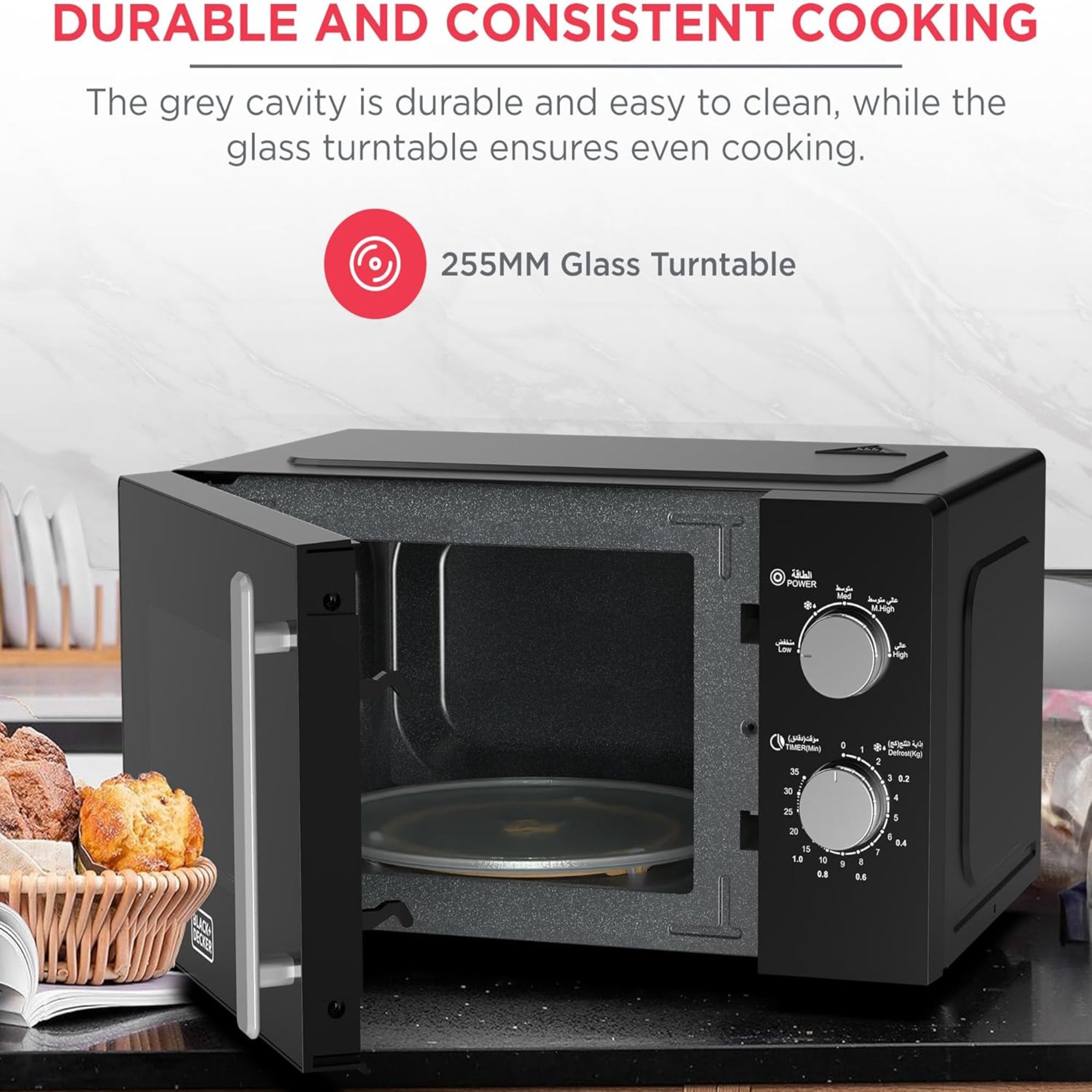 BLACK+DECKER 20 Liter Microwave Oven – 700W 5 Power Levels Defrost Function Chrome Knobs MZ2005P-B5