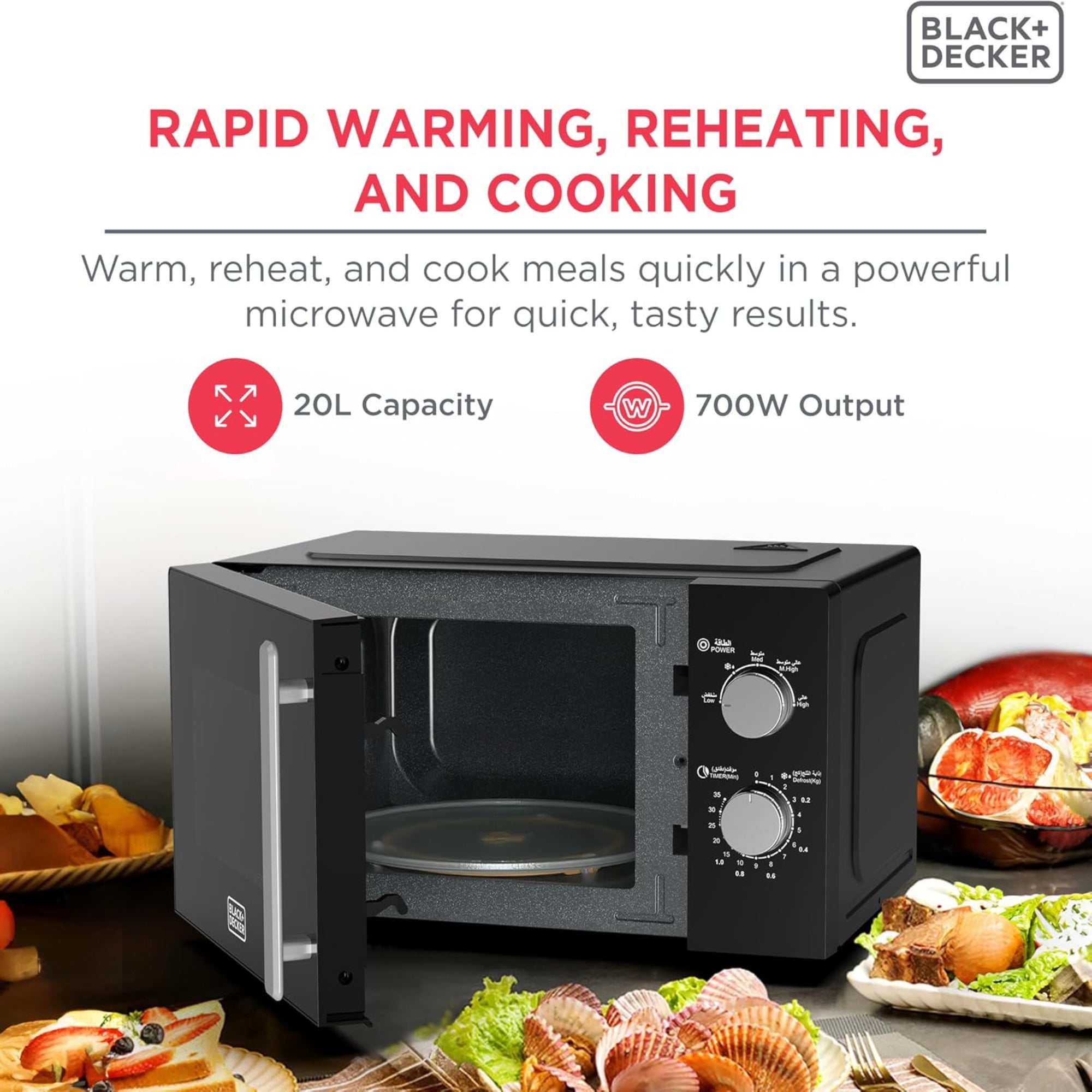 BLACK+DECKER 20 Liter Microwave Oven – 700W 5 Power Levels Defrost Function Chrome Knobs MZ2005P-B5