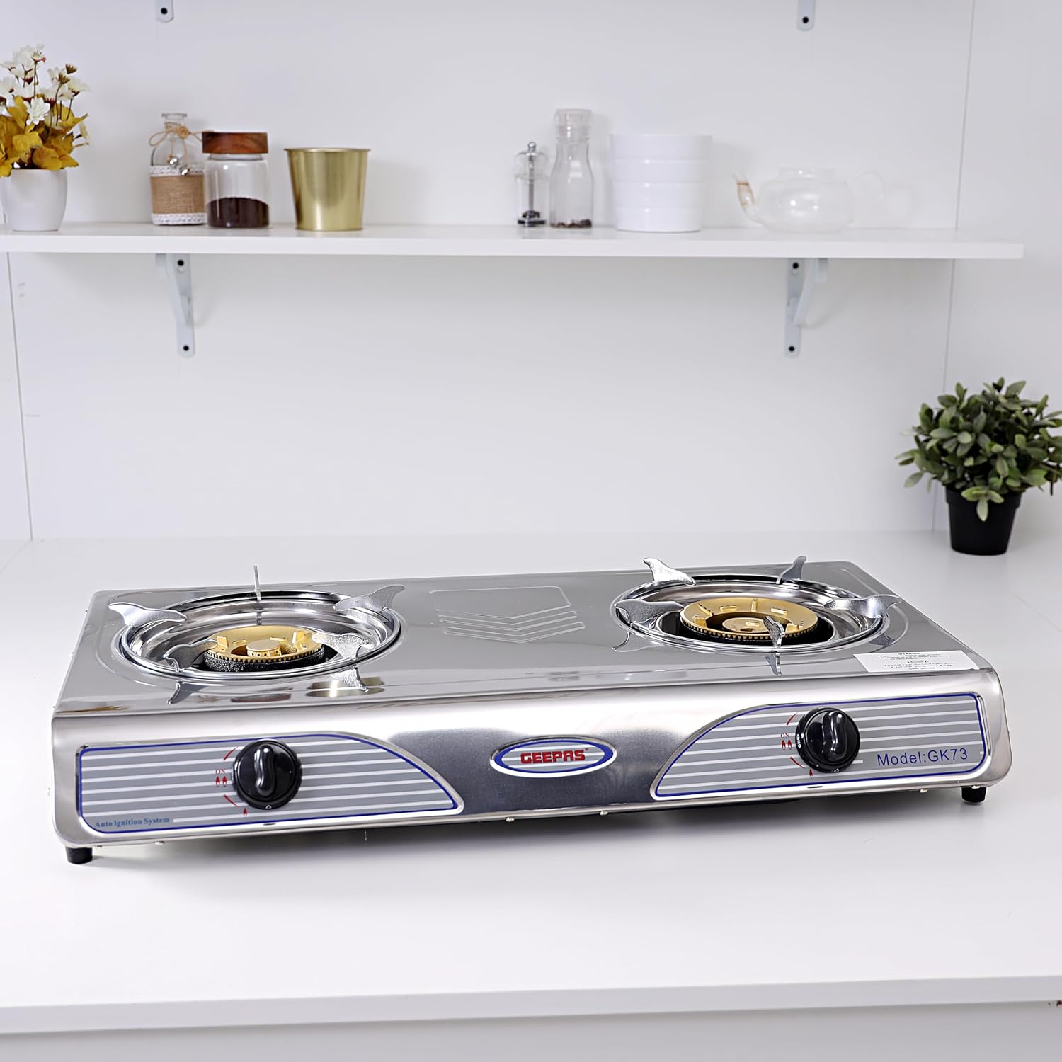 Geepas GK73 Stainless Steel Gas Stove Burner - 2 Burner Hob, Auto Ignition, Robust Build, High fuel-efficiency, Anti-Skid Feet, Easy to Clean