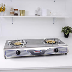 Geepas GK73 Stainless Steel Gas Stove Burner - 2 Burner Hob, Auto Ignition, Robust Build, High fuel-efficiency, Anti-Skid Feet, Easy to Clean