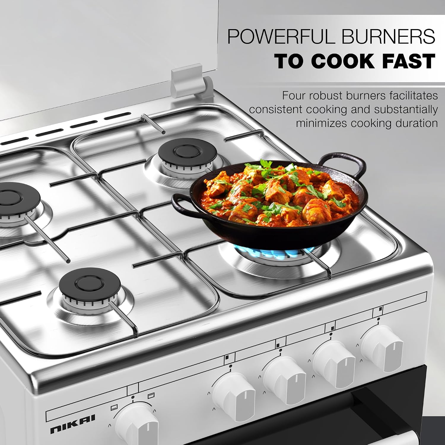Nikai 50x50cm 4 Burner Freestanding Gas Cooker, Grill Function with Tray & Grid, Glass Lid, Enamel Pan Support Convenient for Cleaning Made in Turkey - U2110N5FS (White)