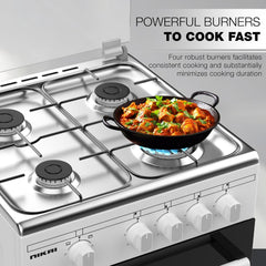 Nikai 50x50cm 4 Burner Freestanding Gas Cooker, Grill Function with Tray & Grid, Glass Lid, Enamel Pan Support Convenient for Cleaning Made in Turkey - U2110N5FS (White)