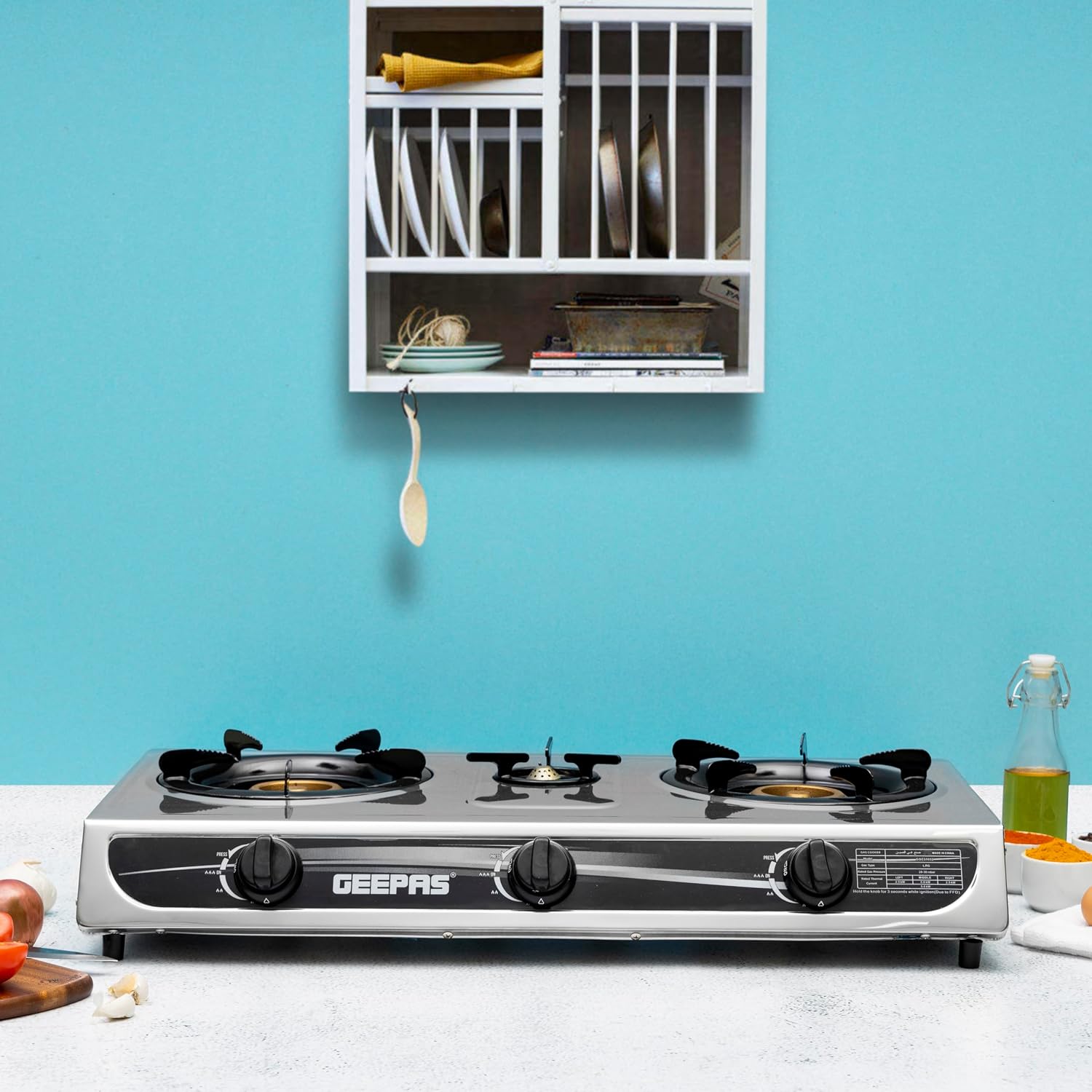Geepas Stainless Steel Gas Cooker, Auto Piezo Ignition, Triple Gas Burner | Low Gas Consumption | FFD | Cast Iron Mixing Tube
