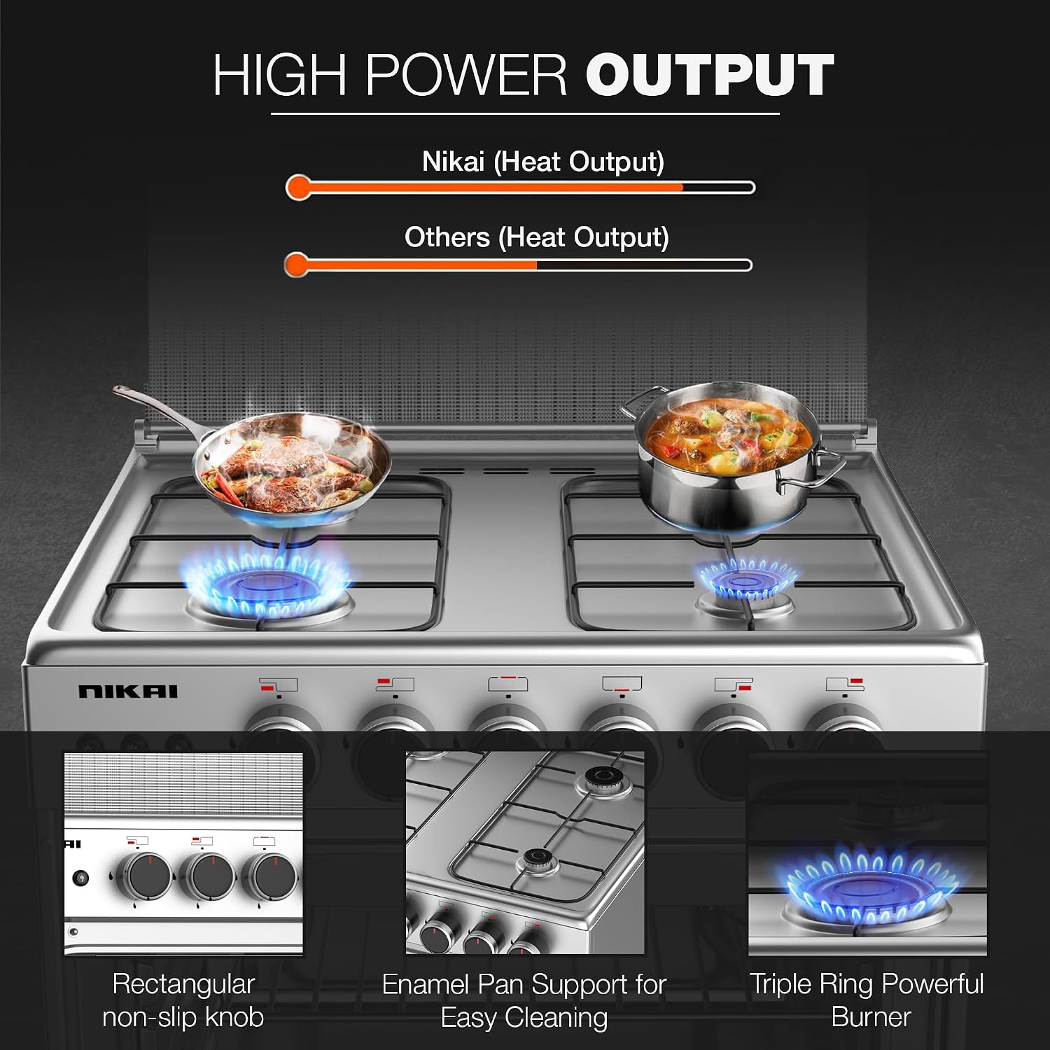 Nikai 60X60cm 4 Burner Full Safety Freestanding Gas Cooker, Auto Ignition, Double Glass Oven Door for Close Door Grilling with Turnspit, Glass Lid & Oven Lamp, St. Steel Finish - U6068FSE1 (Silver)