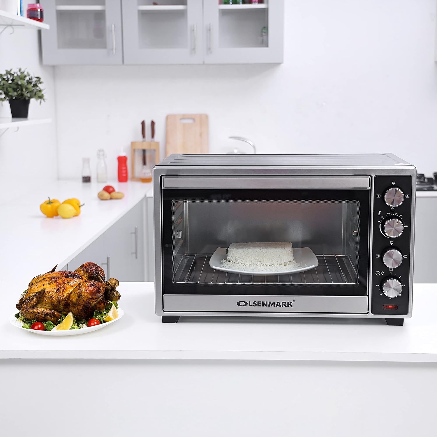 Olsenmark Electric Oven with Rotisserie, 45L - Electric Oven 2000W - 100-250 Adjustable Temperature, 60 min Timer Function - Multiple Cooking Functions & Grill