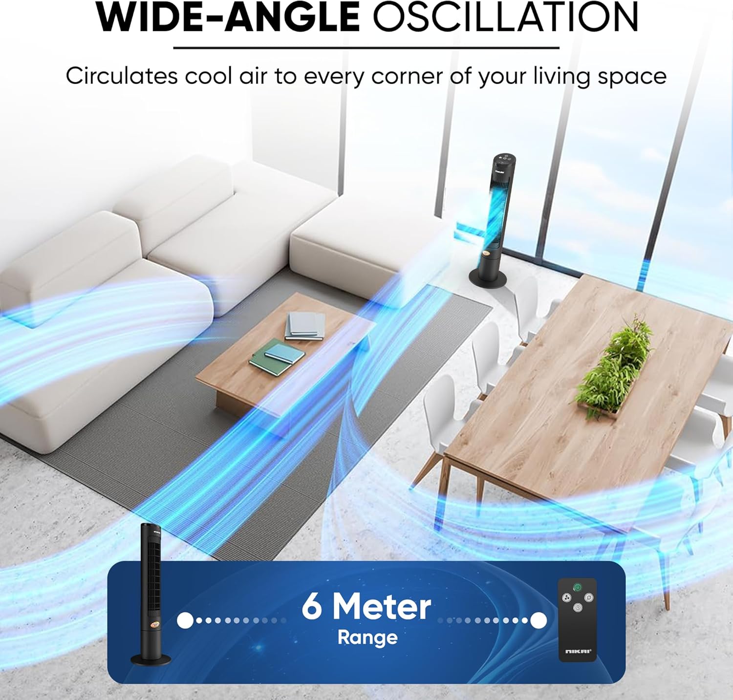 Nikai (Renewed) 40" Tower Fan, LED Touch Panel, Remote, 80° Oscillation, 12-Hour Timer, Quiet, Energy Efficient – Black NTOF4001RL
