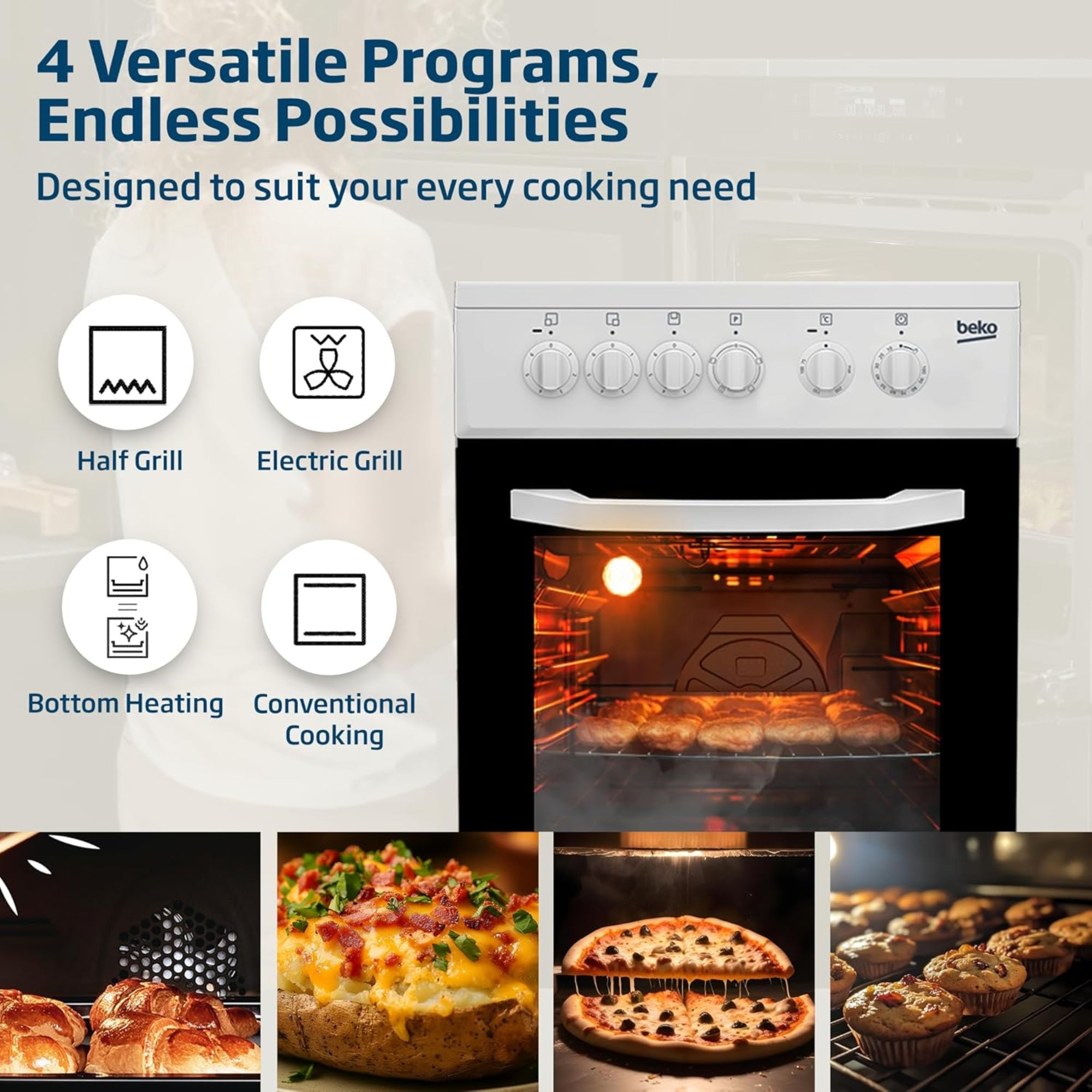 Beko 50×50 cm Ceramic Electric Cooker with 3 Zones – 54L Oven CSS48100GW