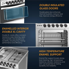 Nikai 60X60cm 4 Burner Full Safety Freestanding Gas Cooker, Auto Ignition, Double Glass Oven Door for Close Door Grilling with Turnspit, Glass Lid & Oven Lamp, St. Steel Finish - U6068FSE1 (Silver)