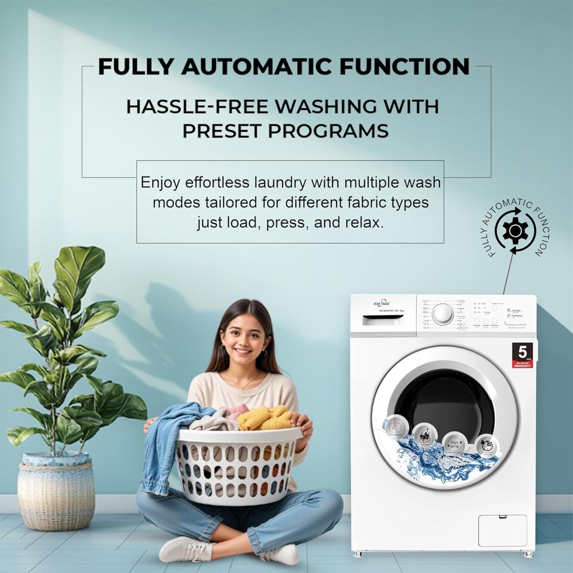 Star Track 6KG Front Load Washing Machine with BLDC Inverter Motor Steam Wash & 1200 RPM – SW-600ATT2-AZ (BLACK)
