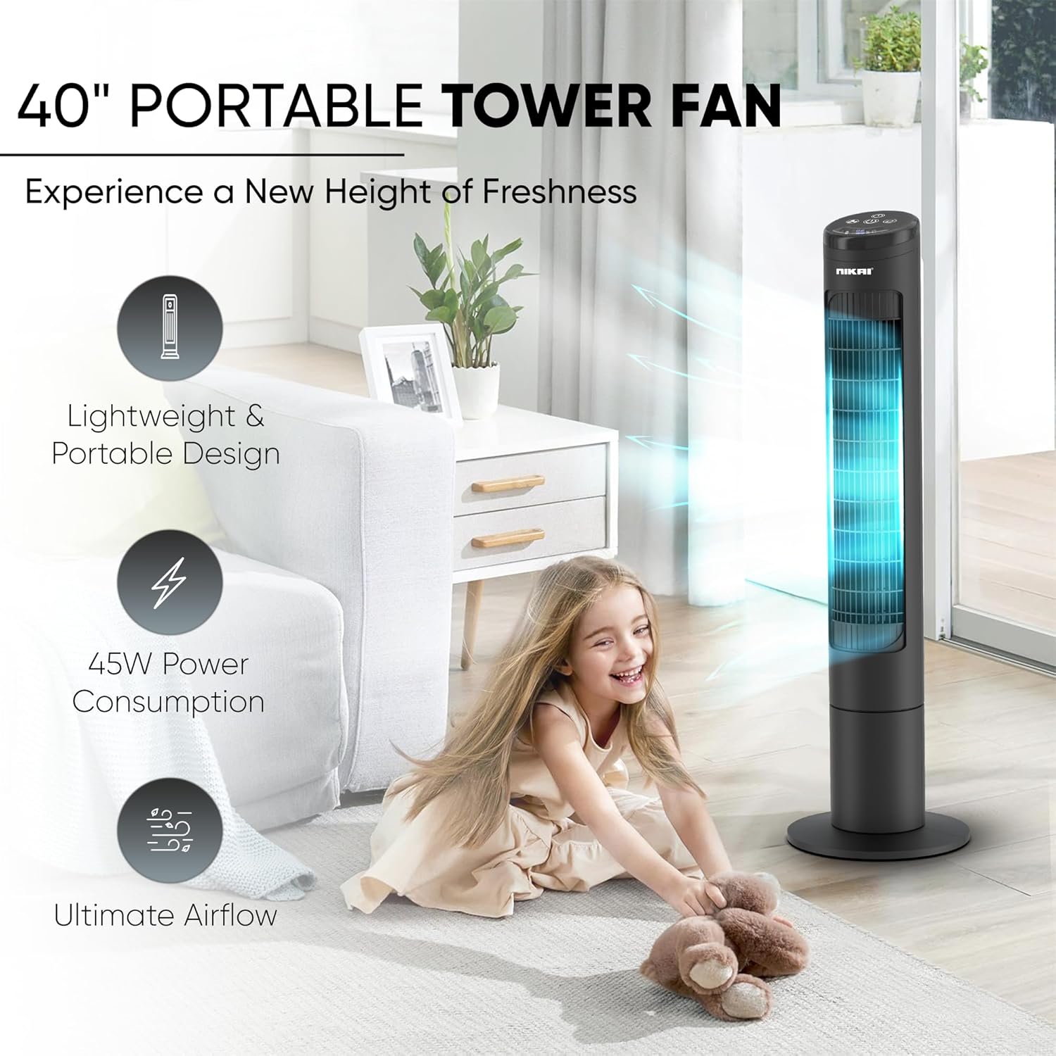 Nikai (Renewed) 40" Tower Fan, LED Touch Panel, Remote, 80° Oscillation, 12-Hour Timer, Quiet, Energy Efficient – Black NTOF4001RL