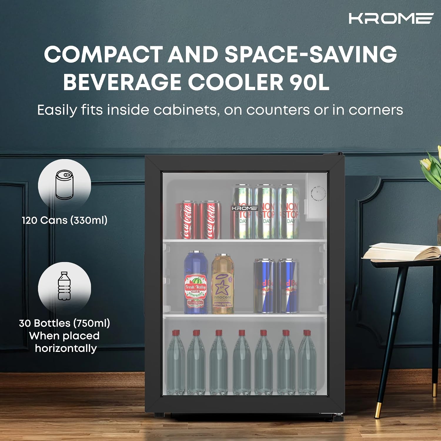 Krome Beverage Cooler, 90 L, Compact Design, Free Standing, Single Door, 2 Glass Shelves, Adjustable Feet, Mechanical Temperature Control, Environment-Friendly R600a, Black