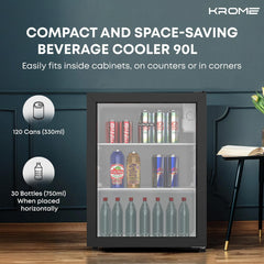 Krome Beverage Cooler, 90 L, Compact Design, Free Standing, Single Door, 2 Glass Shelves, Adjustable Feet, Mechanical Temperature Control, Environment-Friendly R600a, Black