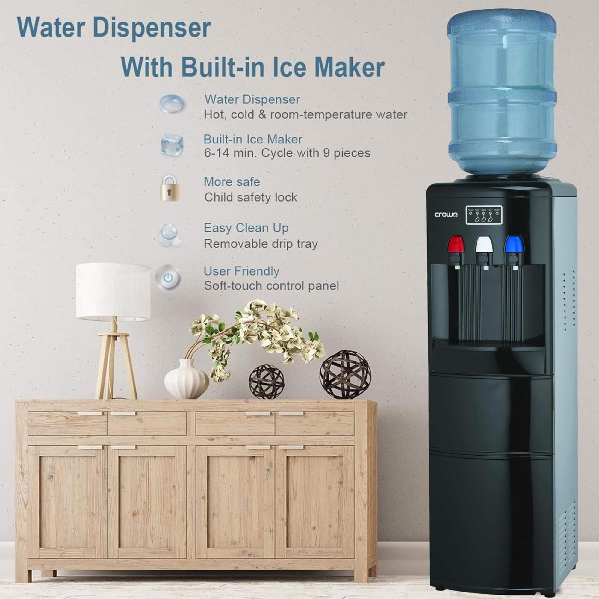Crownline Top Load Water Dispenser – Ice Maker Hot & Cold 12kg/24h Ice Capacity WD-232 (Black)