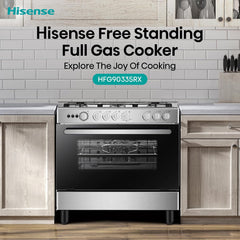 Hisense HFG90335RX 90 cm Freestanding Gas Cooker, 5 Gas Burners with Flame Failure Device, Cast Iron Pan Support, Auto Ignition, Stainless Steel