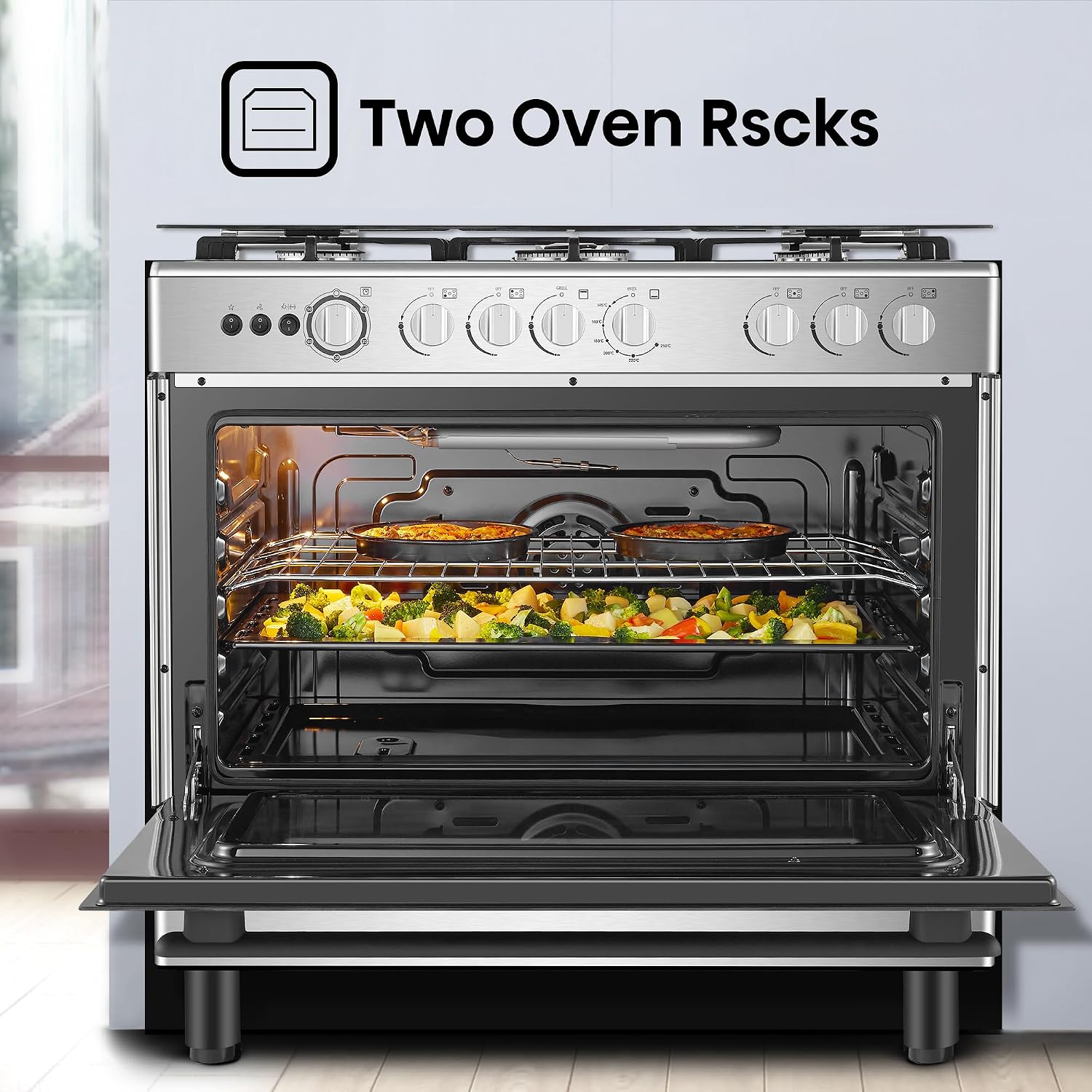 Hisense HFG90335RX 90 cm Freestanding Gas Cooker, 5 Gas Burners with Flame Failure Device, Cast Iron Pan Support, Auto Ignition, Stainless Steel