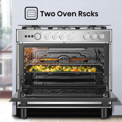 Hisense HFG90335RX 90 cm Freestanding Gas Cooker, 5 Gas Burners with Flame Failure Device, Cast Iron Pan Support, Auto Ignition, Stainless Steel