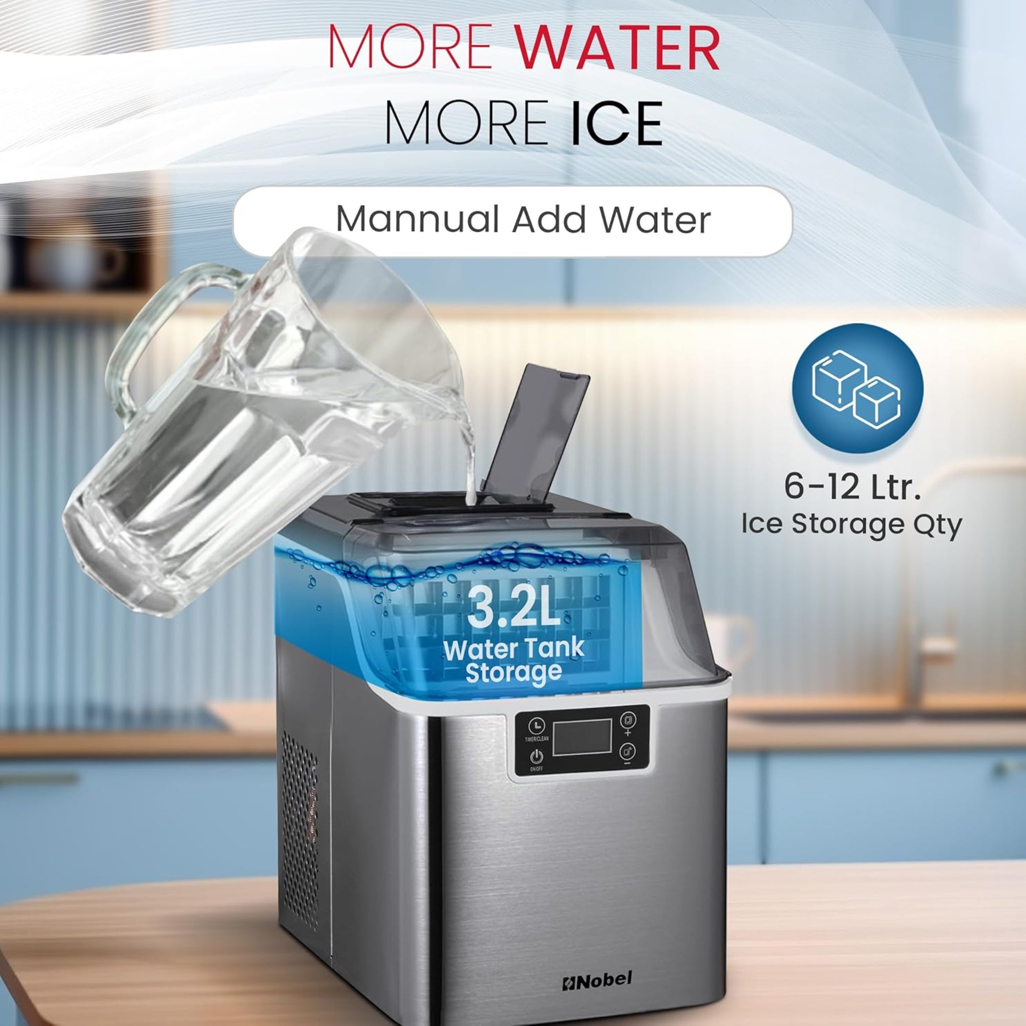 Nobel Ice Maker – 20/25kg Daily Capacity 3.2L Tank LED Display Infrared Sensor R290 Refrigerant NIM27