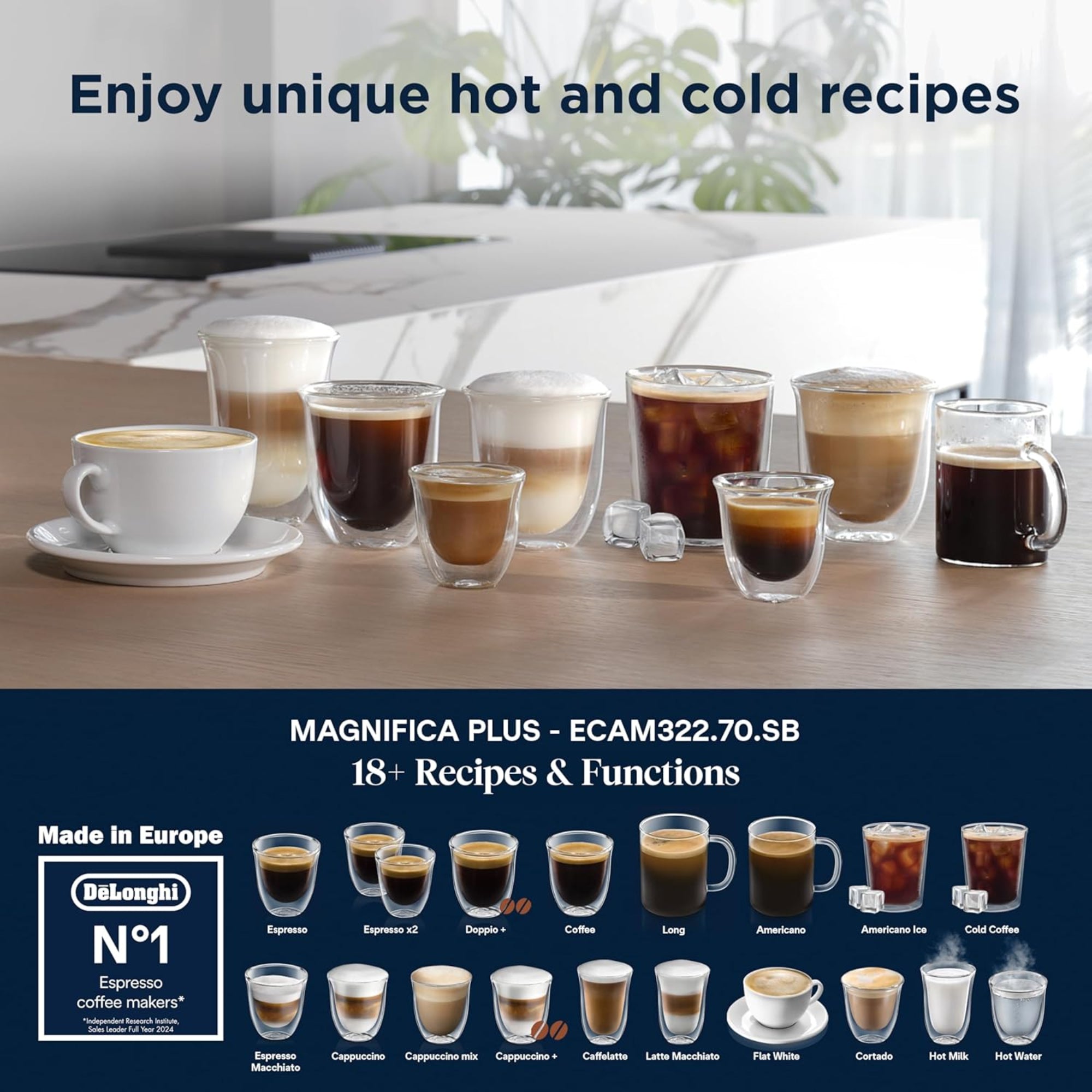 De'Longhi Magnifica Plus Fully Automatic Espresso Machine 24+ Hot & Iced Beverages LatteCrema Color Touch Display 13 Grinder Settings Twin Shot ECAM322.70.SB