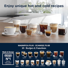 De'Longhi Magnifica Plus Fully Automatic Espresso Machine 24+ Hot & Iced Beverages LatteCrema Color Touch Display 13 Grinder Settings Twin Shot ECAM322.70.SB