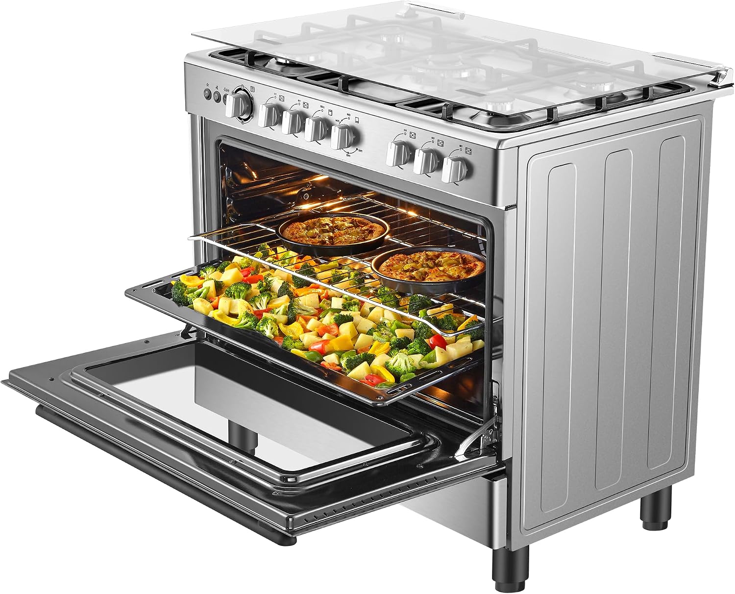 Hisense HFG90335RX 90 cm Freestanding Gas Cooker, 5 Gas Burners with Flame Failure Device, Cast Iron Pan Support, Auto Ignition, Stainless Steel