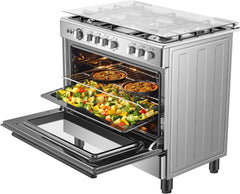 Hisense HFG90335RX 90 cm Freestanding Gas Cooker, 5 Gas Burners with Flame Failure Device, Cast Iron Pan Support, Auto Ignition, Stainless Steel
